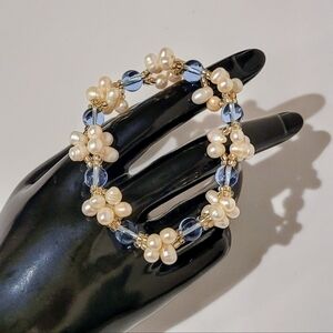White Fresh Water Floral Design Pearl Accented By Light Blue Glass Bead Bracelet